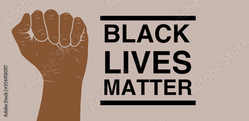 words black lives matter against tan background with brown fist to the left