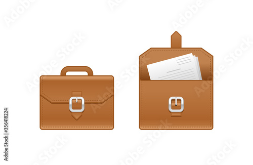 Leather birefcase icon in 2 variations - closed and opened with business documentation papers - vector isolated  illustration
