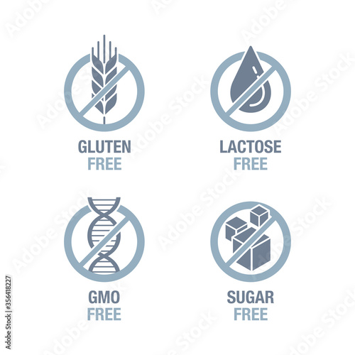 Sugar free, Gluten free, Lactose free, GMO free - set of vector attention tags - food cover decoration element for healthy natural organic nutrition