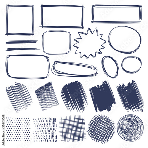 Sketch shapes. Hand drawn monochrome geometric elements frames, strokes and shade, hatched round and square shapes isolated vector set