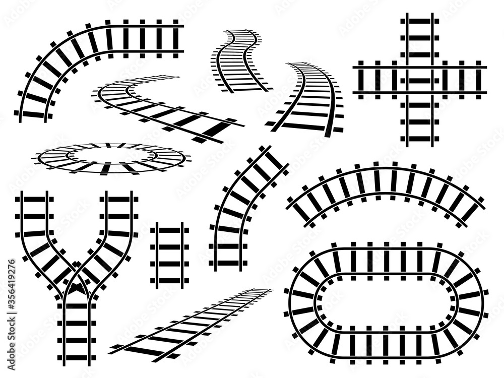 Railroad elements. Curved, straight and wavy rail tracks. Railway rails in perspective and top