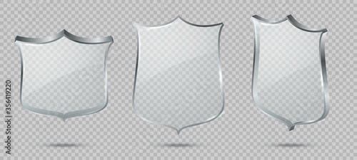 Glass shield. Blank transparent glass panel with reflection, award trophy, certificate or defense sign template front, angle view vector set