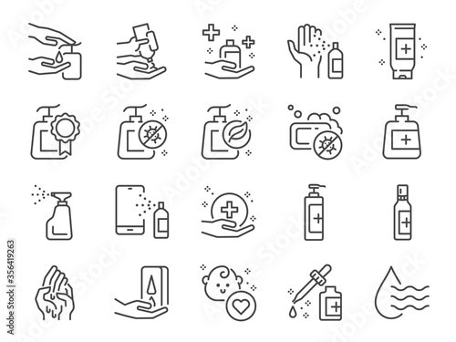 Hand sanitizer line icon set. Included icons as hand wash, hand gel, alcohol gel, alcohol spray, hygiene and more.