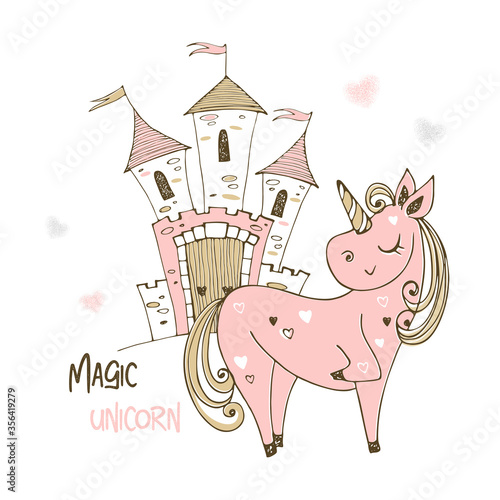 Cute unicorn and fairy castle. Vector.