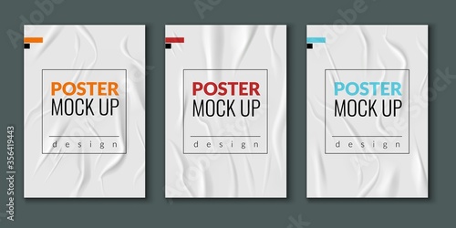 Wrinkled wet posters. Realistic wet creased paper sheets with text. Advertising column glued leaflet vector mockups set