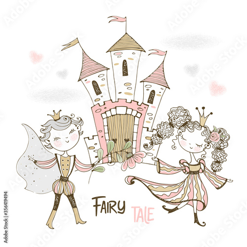 A Prince and Princess in a fairyland near their castle. Vector.