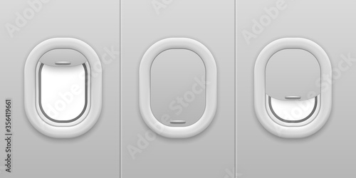 Airplane window. Aircraft illuminator. Open and closed, plastic and glass plane windows, realistic mockup for airline vector concept