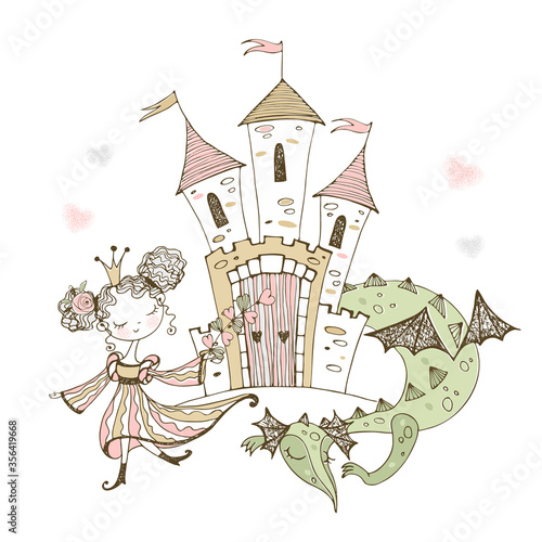 Cute little Princess and fairy-tale dragon. Vector