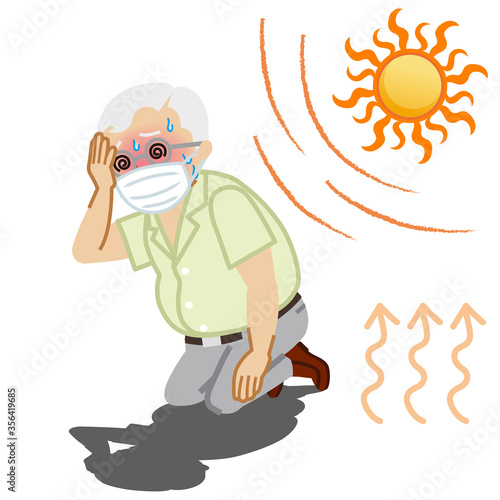 Senior man wearing a medical mask suffering from heat stroke in summer outdoor