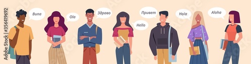 People greeting in different languages. Multilingual greeting bubbles, persons diverse countries, international communication vector concept