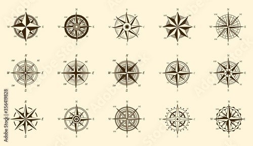 Compass set. North and south direction measure on isolated engraving labels, vector wind rose hand drawn icons