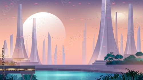 City of the future. Alien city landscape with beautiful public park, lake and flying cars in the sky. Space background.