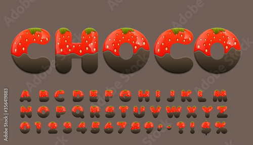 Cartoon sweet alphabet set. Font made of Chocolate Covered Strawberries , alphabet letters and numbers, Eps10 vector.