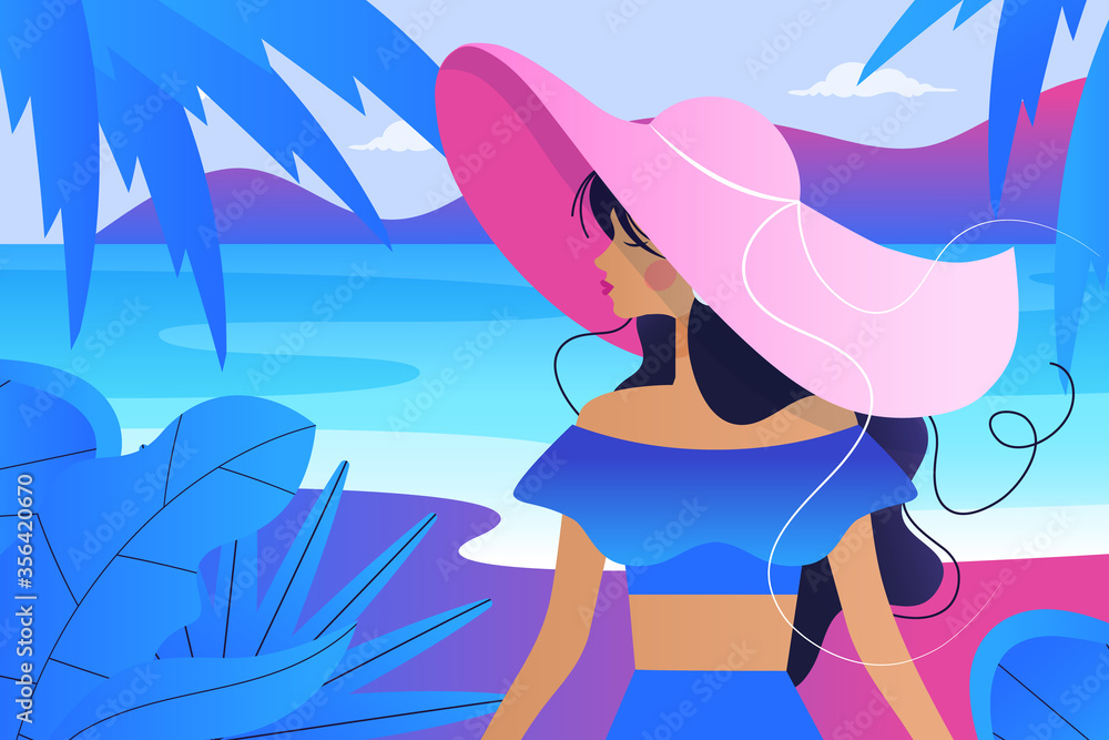 Young woman in hat at the beach. Flat design style. 