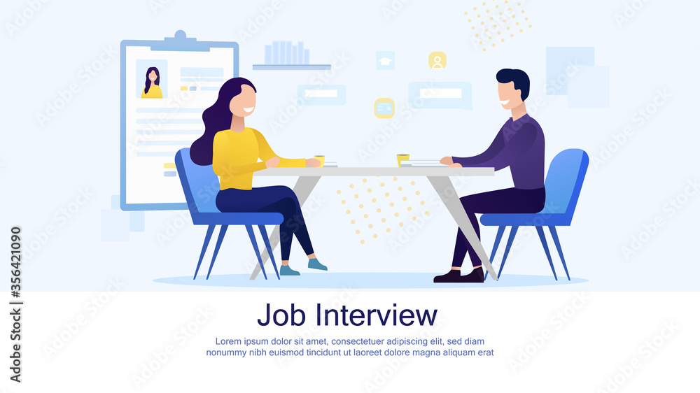 Interview, Negotiation, Meeting Flat Landing Page Mockup. Man and Woman Having Business Conversation. HR Manager and Job Seeker. Flat Vector Illustration