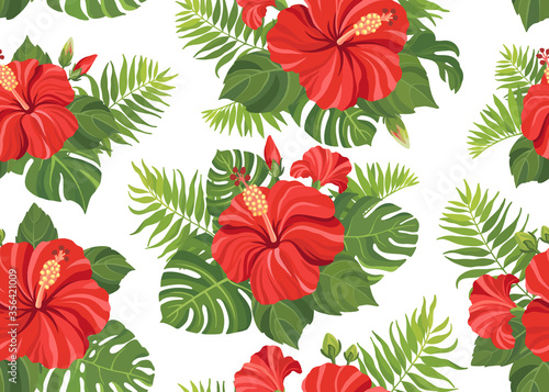 Seamless pattern with red tropical flowers hibiscus  plumeria and palm leaves. Vector illustration.