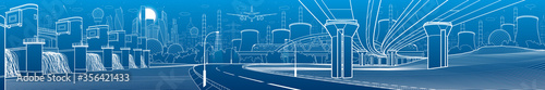 Hydro power plant. River Dam. Train rides on bridge. Illumination highway. Car overpass. City infrastructure industrial illustration panorama. Urban life. White lines on blue background. Vector design
