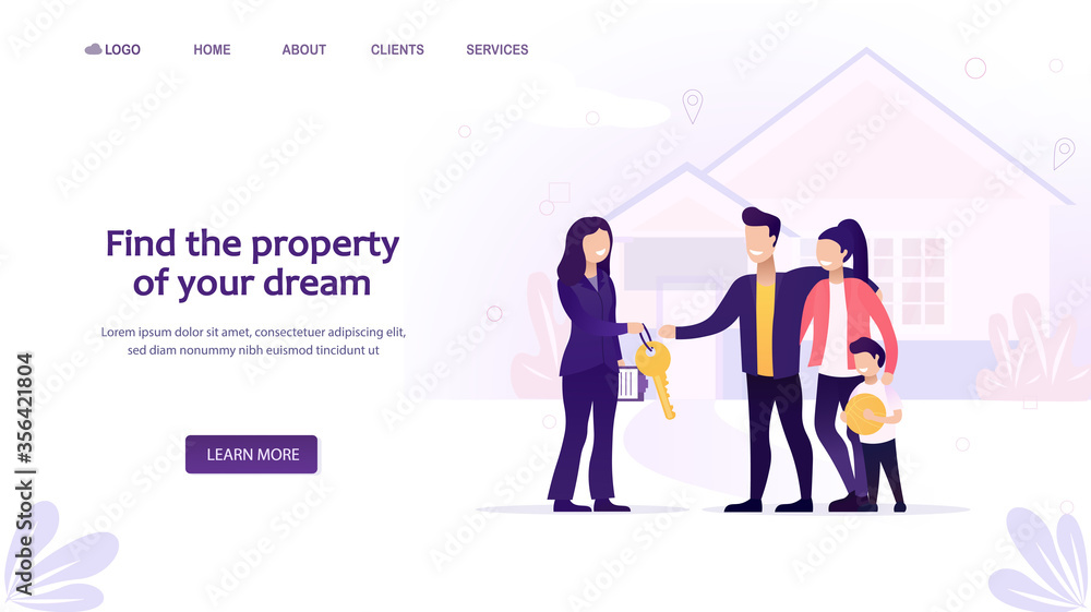 Happy family standing in front of house. Landing page template for mortgage, buying a house, real estate concept. A woman sells or rents a young family home. Flat Vector Illustration Happy family standing in front of house. Landing page template for mortgage, buying a house, real estate concept. A woman sells or rents a young family home. Flat Vector Illustration