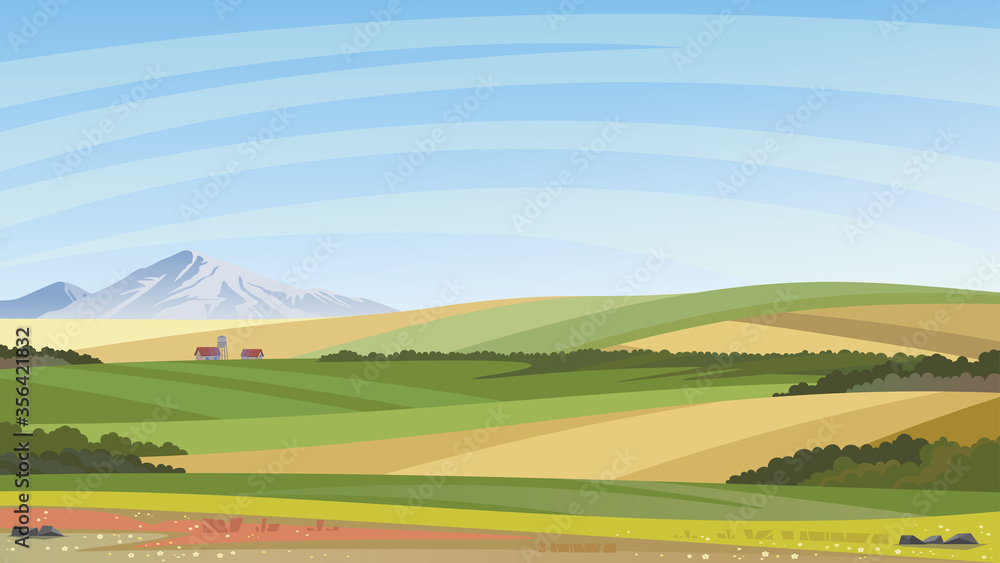 Summer field landscape with green hills, blue sky and mountains. Farm scene.