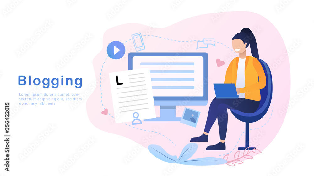 Video blogger making video for blog or vlog review. Cute girl video blogger and camera. Vector flat illustration. Video blogger making video for blog or vlog review. Cute girl video blogger and camera. Vector flat illustration.