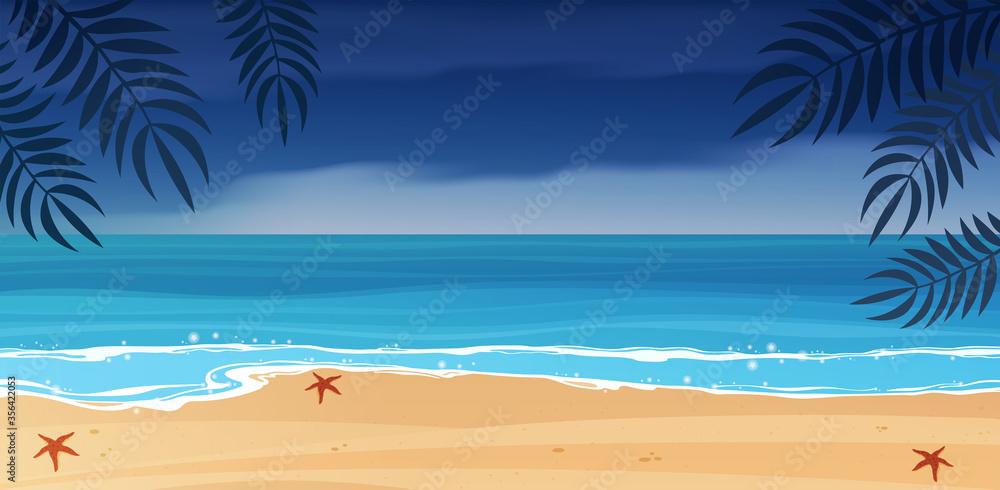 Tropical beach, blue sea and a palm tree.