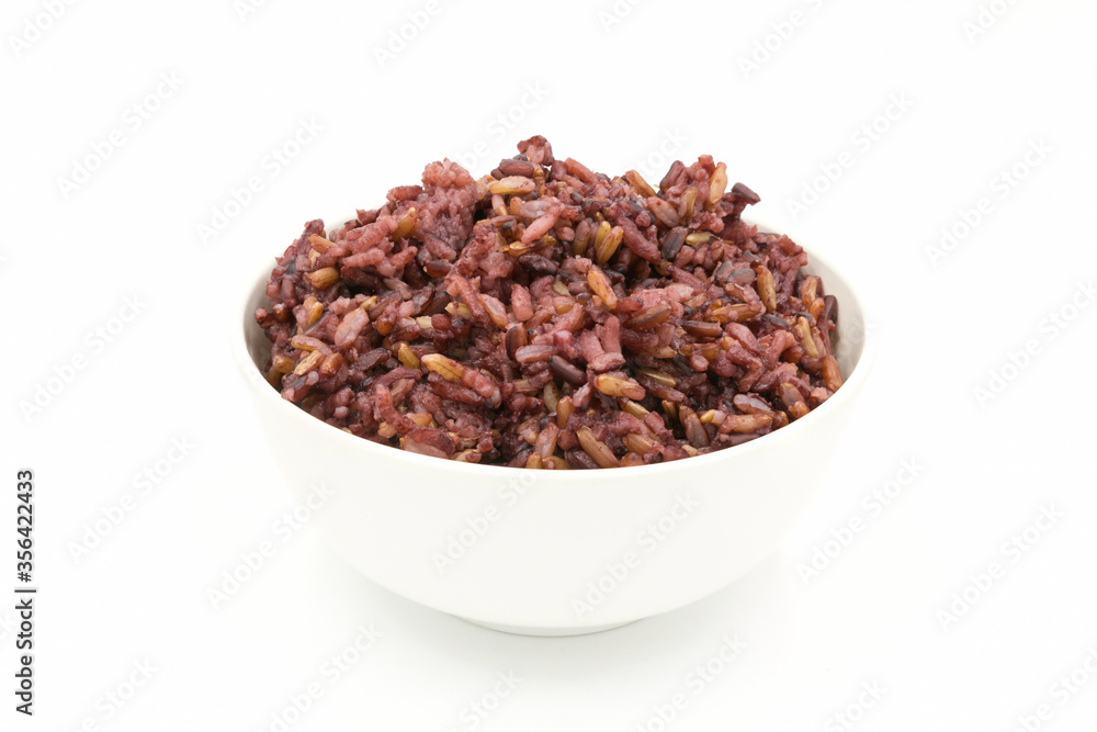Cooked steamed organic brown rice(raspberry rice) in white bowl isolated on white background Cooked steamed organic brown rice(raspberry rice) in white bowl isolated on white background