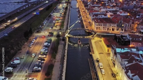 Aerial view of canal in  Aveiro city at evening. Portugal