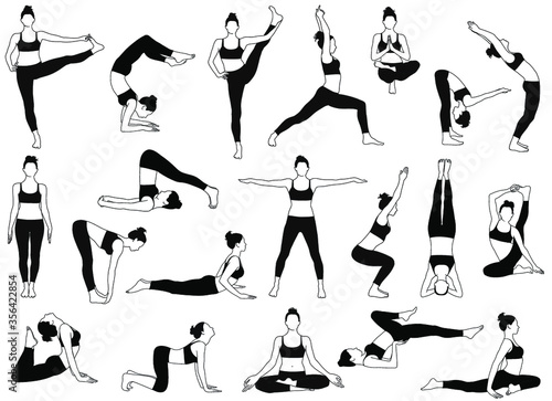 Set of vector silhouettes of woman doing yoga exercises.  Icons of flexible girl in costume stretching her body in different yoga poses. Black shapes of woman isolated on white background.