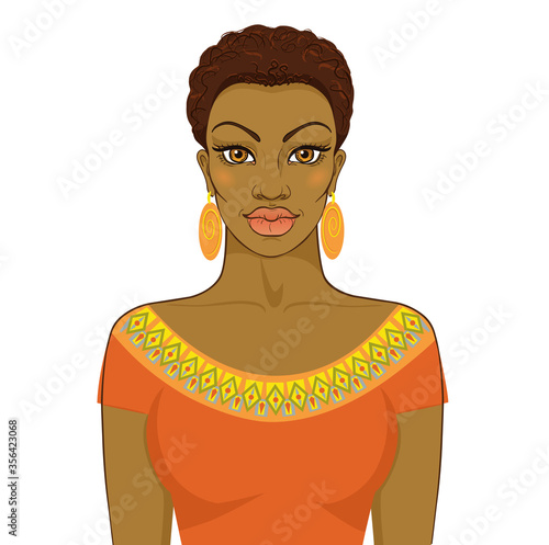 African woman. Vector illustration of attractive afro girl in traditional dress. Ethnic picture. Hand drawn portrait of beautiful lady.