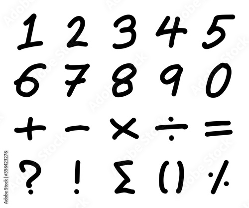 Black color hand drawing of number letter and mathematics symbol on white background