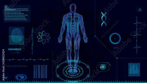 16:9 hud interface,futurastic human body,hud biology elelemt,Display set of virtual interface elements,digital Human , Human Virtual Body, virtual screen interface as Modern medical technology