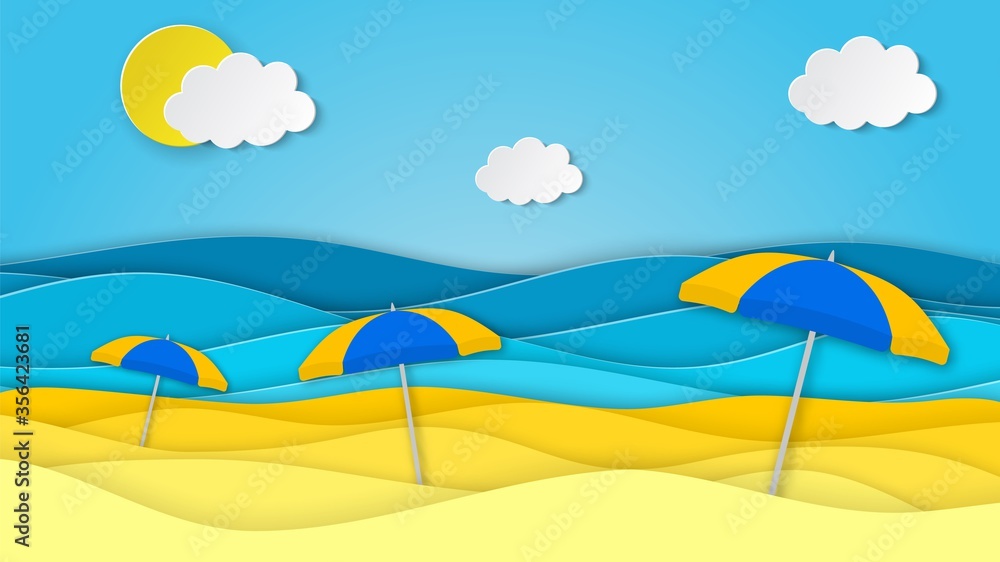 Sea landscape with beach with umbrella, waves, clouds. Paper cut out digital craft style. abstract blue sea and beach summer background with paper waves and seacoast. Vector illustration