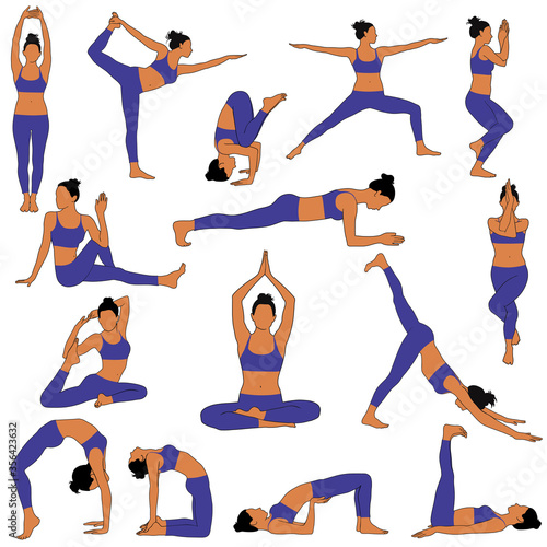 Vector silhouettes of woman practicing yoga. Colored shapes of slim girl in costume doing yoga exercises in different poses isolated on white background. Yoga icons. photo