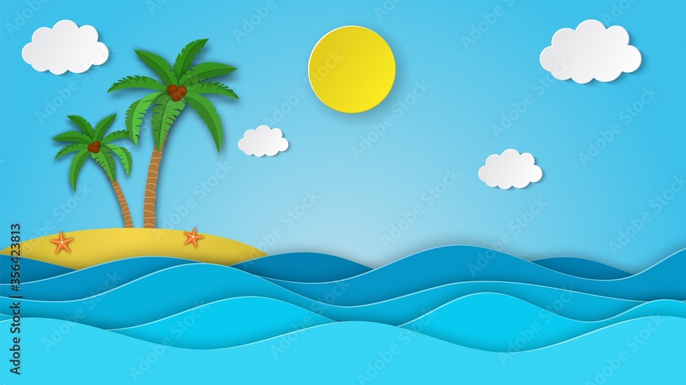 Sea view on clear sky. paper cut and craft style. blue sea waves white air clouds paper art style of cover design. island with palm and coconut. Vector illustration