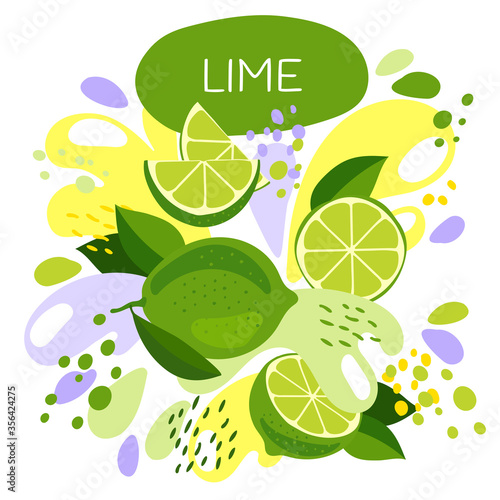 vector illustration of an organic fruit drink. ripe lime fruits with splash of bright fresh lime juice background. eco concept for a natural fruit smoothie label.