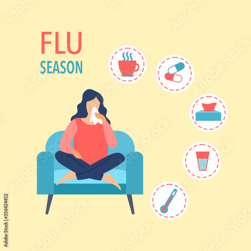 Woman caught cold flu or virus. She sneezing in handkerchief and has fever. Ways to treat illness in a circle around concept vector illustration. Flu disease and season allergy.