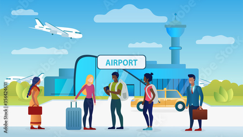 Different people are standing in front of the airport terminal. The plane takes off at the airport. A taxi is waiting. Tourists and businessmen at the entrance to the airport. Flat Vector Illustration