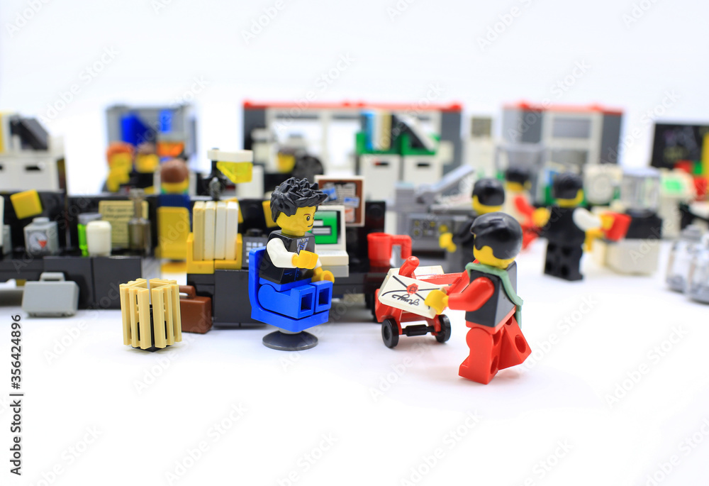 HONG KONG,MARCH 22: shot of people in office, combine from different set. Legos are a popular line of plastic construction toys manufactured by The Lego Group in Stock Photo