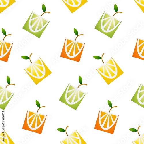 Seamless pattern with elements of tropical citrus fruit a white background. Fresh cut square fruits. For use as a gift card, packaging paper, printing on banners and posters.