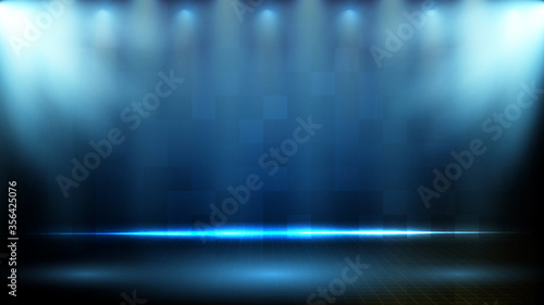 abstract futuristic background of blue technology lighting spotlgiht stage background