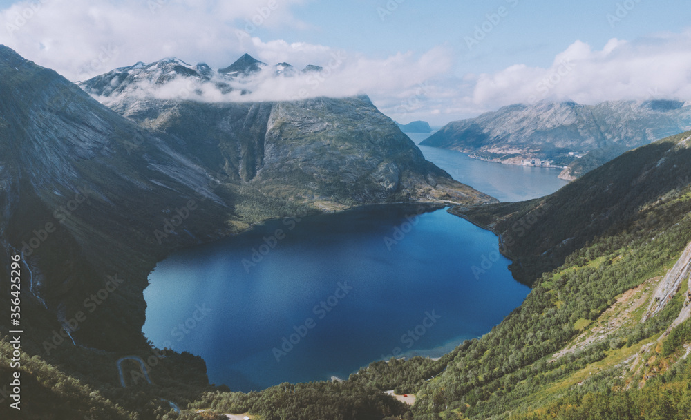 Blue lake in mountains landscape aerial view in Norway Helgeland nature drone scenery
