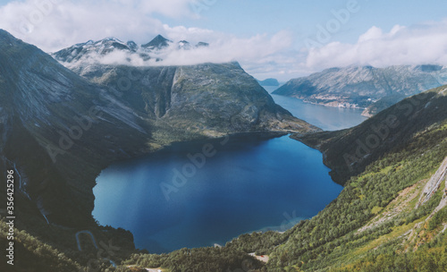 Blue lake in mountains landscape aerial view in Norway Helgeland nature drone scenery