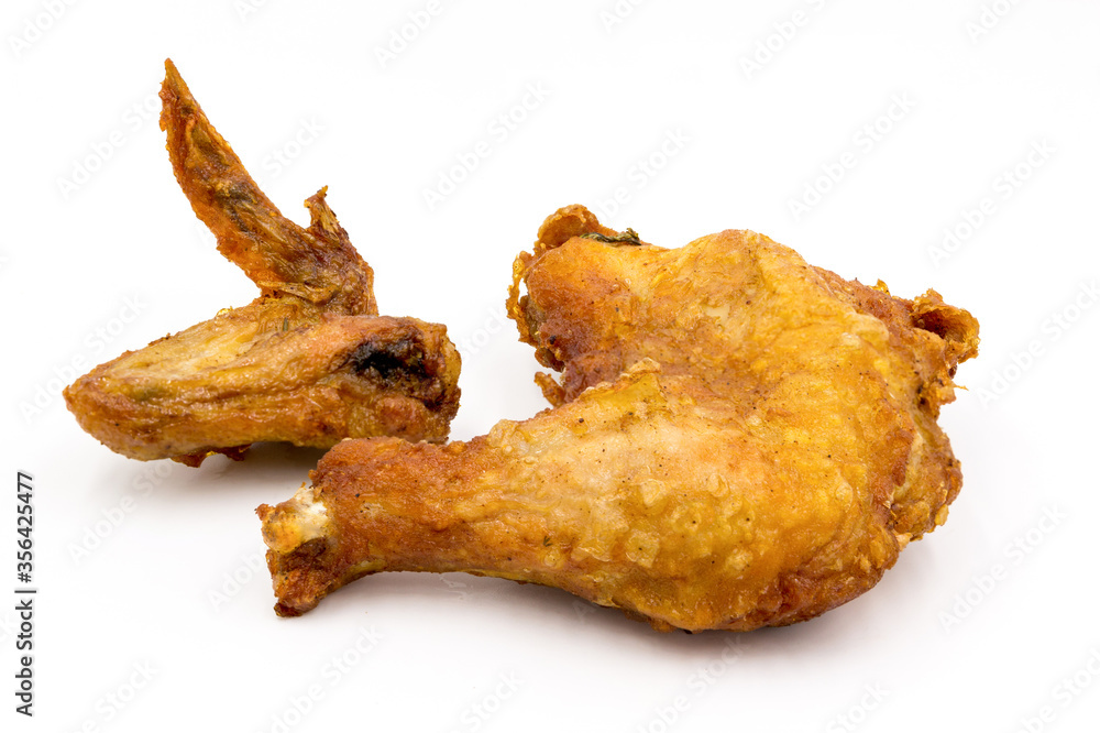 Golden brown deep fried chicken top view on white background Golden brown deep fried chicken top view on white background