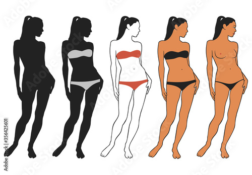 Vector silhouettes of woman in bikini black and color style. Icons of beautiful slim girl isolated on white background.