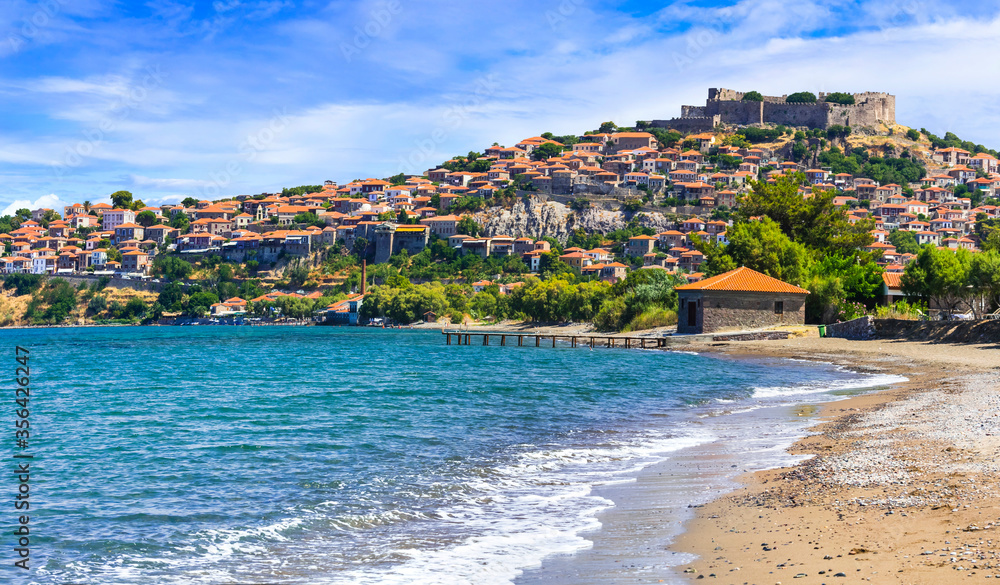 Lesvos (lesbos) island . Greece. Beautiful old town Molyvos (Mithymna) with castle over the rock and  beach