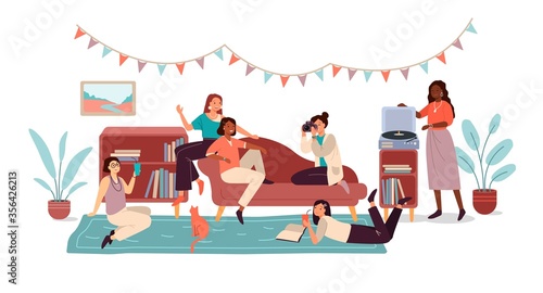 Collection of celebrating girls. Girls night or birthday party. Spending time together listening to music, taking pictures, drinking, browsing magazines. The red cat is watching. Vector illustration.