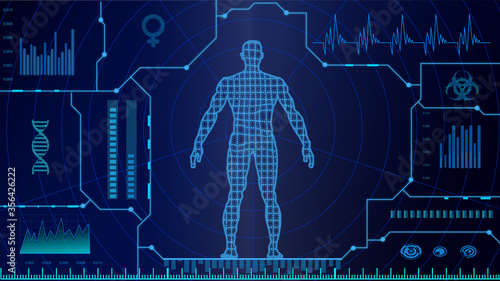 16:9 hud interface,futurastic human body,hud biology elelemt,Display set of virtual interface elements,digital Human , Human Virtual Body, virtual screen interface as Modern medical technology © VINAYKUMAR