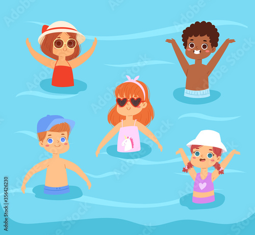 Multinational children have fun and jumping in the water. Boys and girls in swimwear swimming in the sea or pool. Happy kids enjoying  the summer time. Landscape, panorama sea view