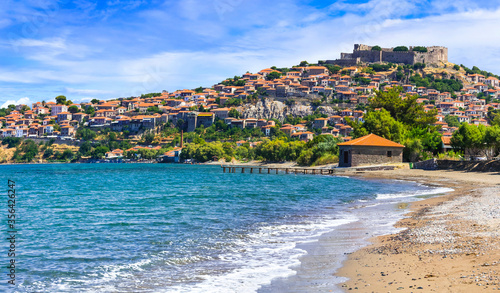 Fototapeta Naklejka Na Ścianę i Meble -  Lesvos (lesbos) island . Greece. Beautiful old town Molyvos (Mithymna) with castle over the rock and  beach