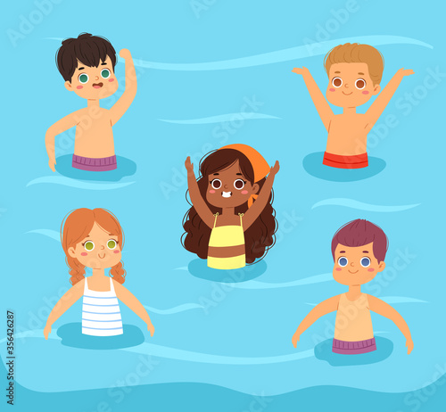 Multinational children have fun and jumping in the water. Boys and girls in swimwear swimming in the sea or pool. Happy kids enjoying  the summer time. Landscape, panorama sea view